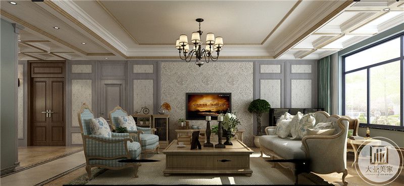客厅电视墙是白底暗纹的壁纸，与整体小清新的风格十分相配。