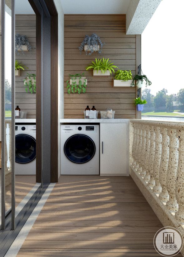 阳台上放置洗衣机与洗衣柜。