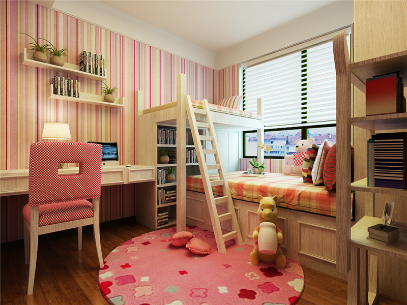 儿童房是一个粉色的小天地，卧床是极有设计感的子母床，上面是小床，下面是榻榻米