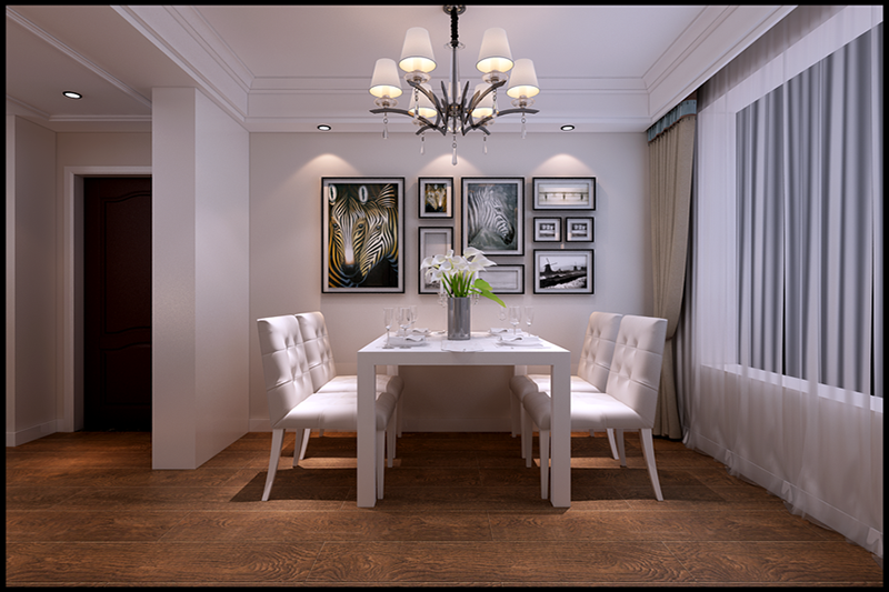 对称式餐椅家居布置，简单自然，窗帘同色系装饰，墙体悬挂规则摄影图片，强调现代风格，舍去过多装饰，呈现高端极简风格。