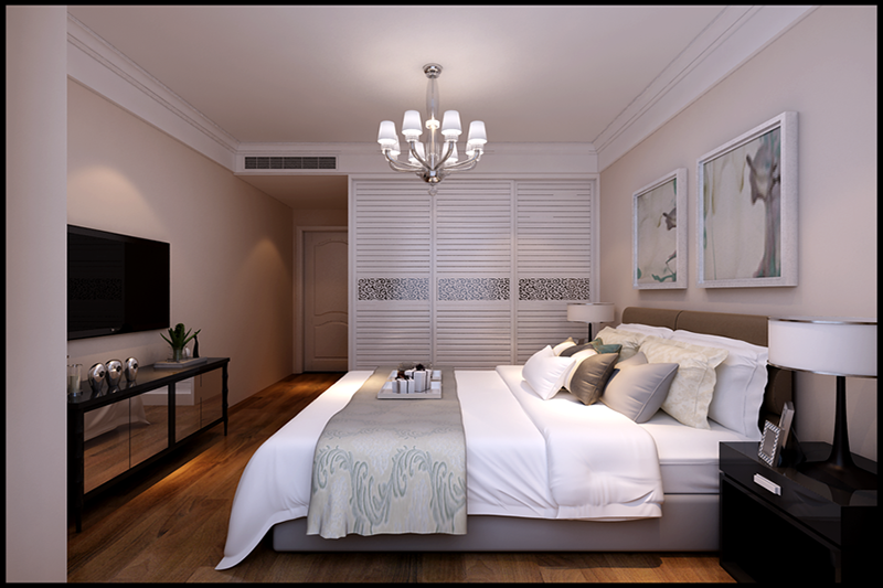 整体采用柔粉色淡雅颜色，让人走进卧室时，就得到了很好的放松，规则式吊灯美观大方，对称式现代风格装饰画，极富内涵。