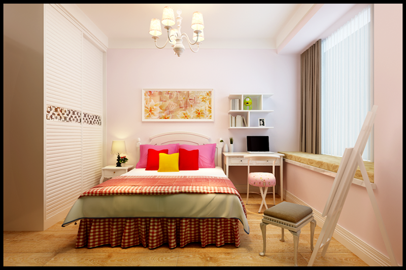 中心色为粉色，居室木质地板，充满惬意，轻松的气氛，白色家具，房间局部点缀抹茶绿、橘色，增加浪漫元素。