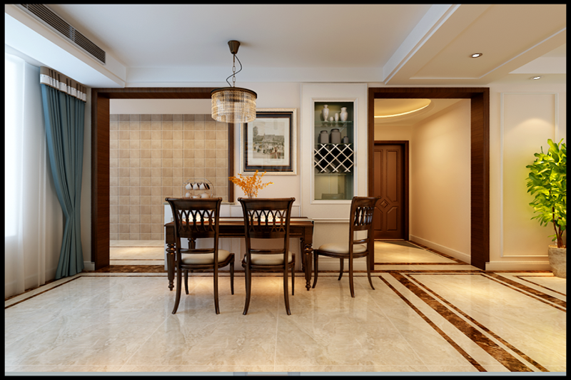 整齐的暗金色大理石线条，规划出空间感，复古木式桌椅，优雅贵气，嵌入式壁橱体现文化感，餐厅基本与厨房相连，操作简单，功能强大。