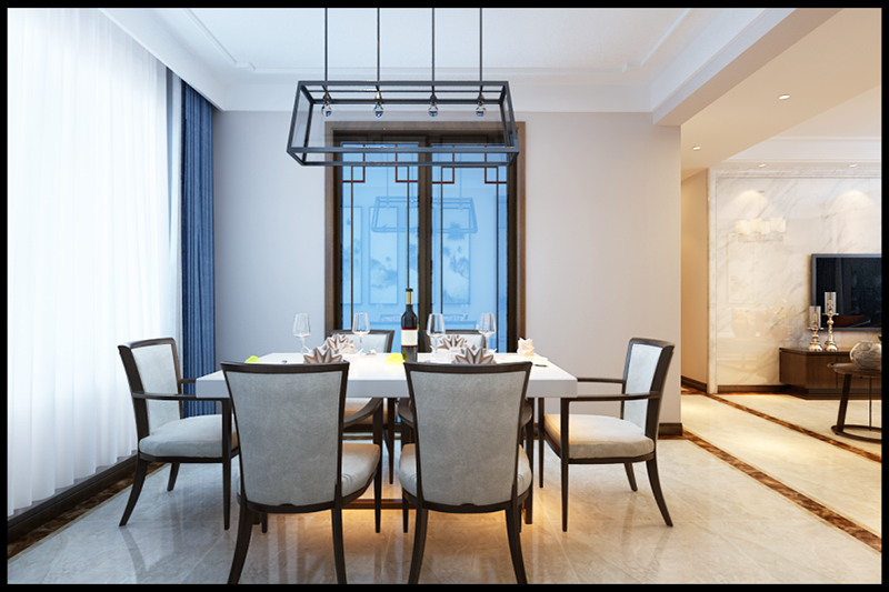 餐厅采用灰白布艺，古朴自然，中国风墙体装饰，提取了传统文化的精髓，艺术感吊灯时尚前卫，白色蓝色窗帘帷幔优雅高端。