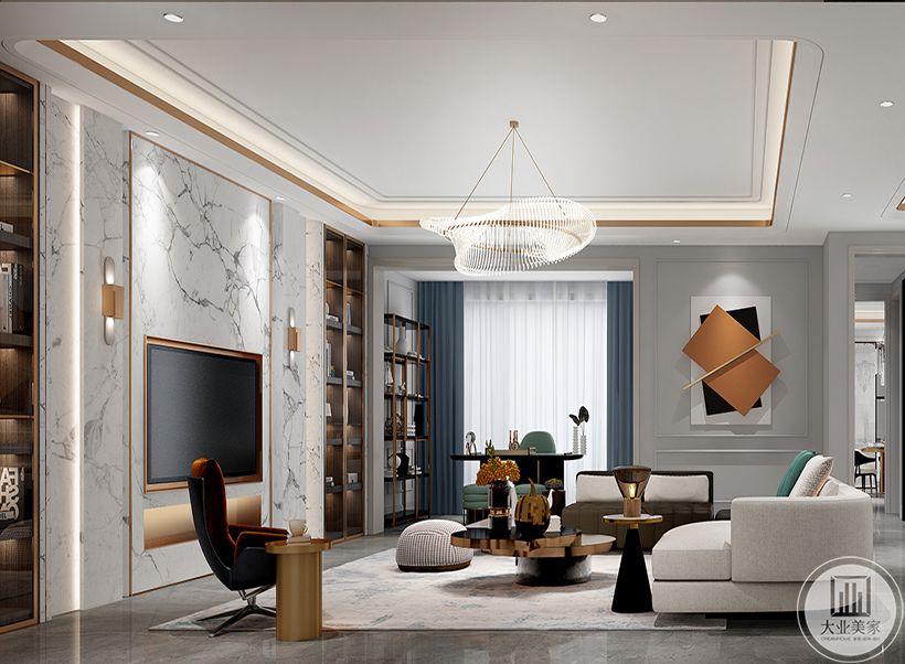 客厅 线条相对简单，采用金属色装饰，打造轻奢感