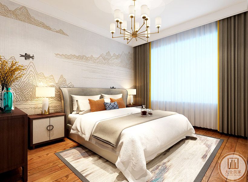 卧室 与传统的水墨画不同，在使用色彩上进行创新，金色的线条，打造低调内涵