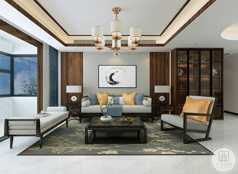 客厅 贯彻对称式原则结合背景墙的简单装饰画，正是传统与现代的元素交融
