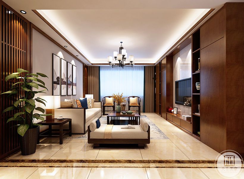 客厅 整体设计线条流畅，视觉舒适。顶面线条墙面木饰面及家具色调统一，三个层次遥相呼应，增强立体感