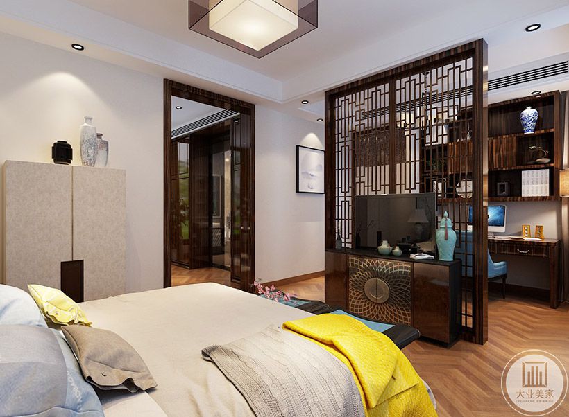 卧室 还是贯彻新中式的整体风格，用镂空的设计，既实现了分割空间的作用，又避免了沉重感
