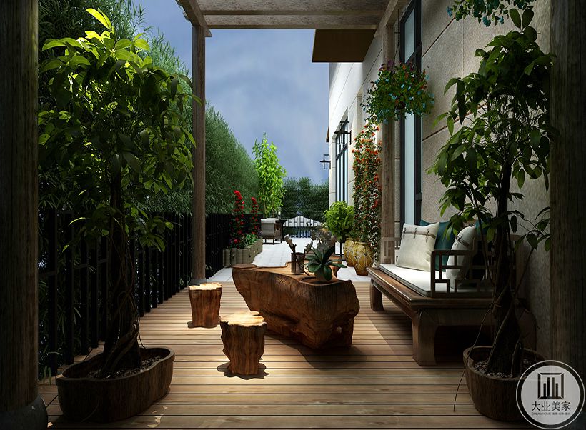 绿植保证平台私密性，预留室外喝茶会客空间
