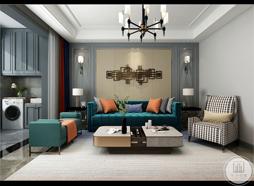 客厅 松石蓝的丝绒沙发，烘托出一种贵族般雍容华贵的格调，蓝灰色调的护墙板 嵌以极细的金属线条更显精致。