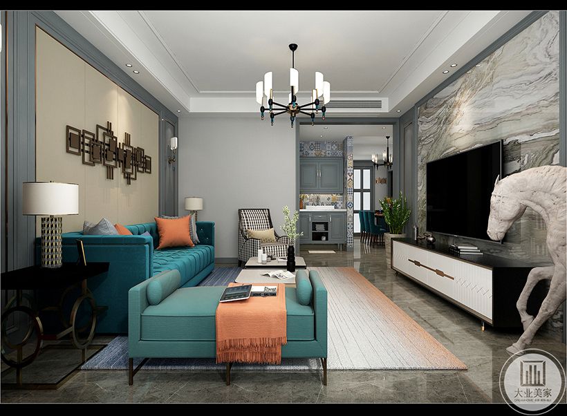 客厅 松石蓝的沙发与奔马雕塑的石膏白，再加上金属色系的融入，美式轻奢感由此即可感受