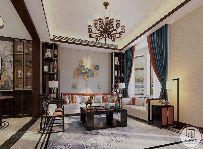 客厅 客厅结合原始结构梁包套做空间划分，家具提炼中国红做拼色处理，丰富空间层次