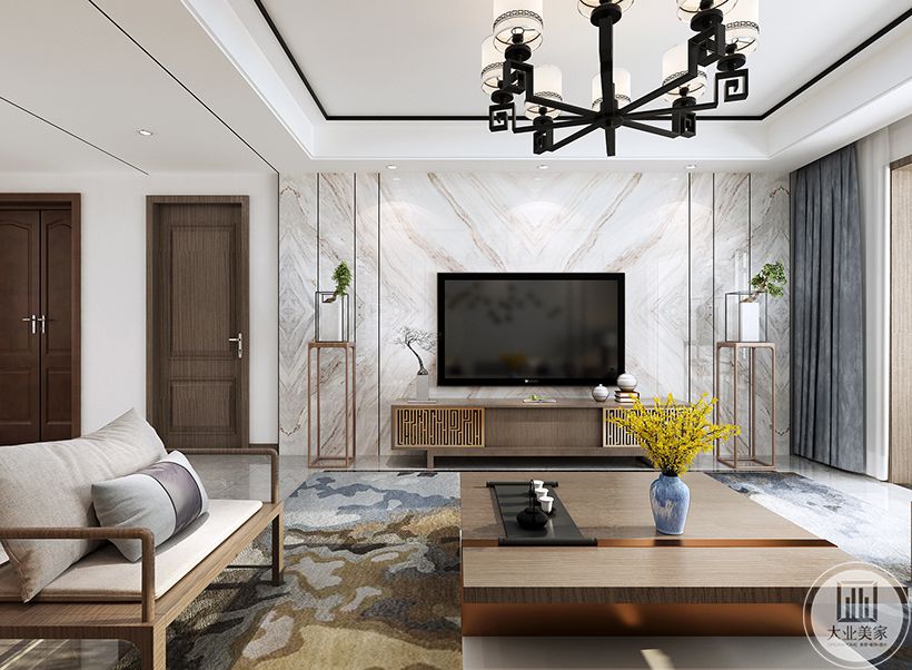 客厅 使用对称式结构，多种材质的结合，是现代感和层次感展现的关键