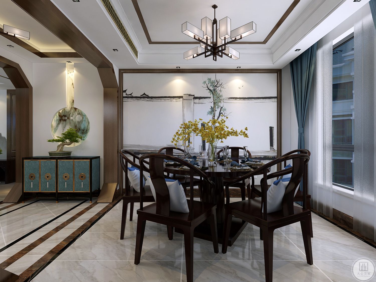 餐厅 汲取中式装饰中的木质元素和门型设计，以色彩和用材划分空间，整个空间更加通透