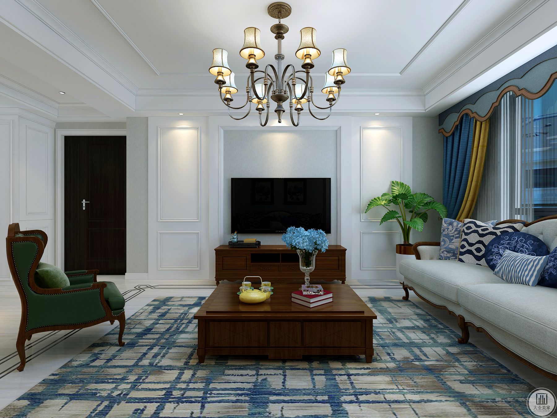 客厅 在整体配色上使用明快的蓝色，又加入深绿色的沙发，营造色彩的视觉跳跃感