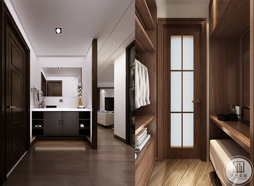 卫生间 卫生间与主卧室之间增加衣帽间区域，满足卧室收纳，弱化卫生间对主卧室的影响。