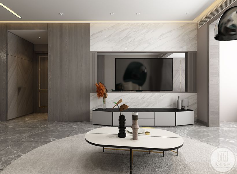 客厅 1石材与黑色不锈钢的对比，凸显空间强有力的视觉冲击