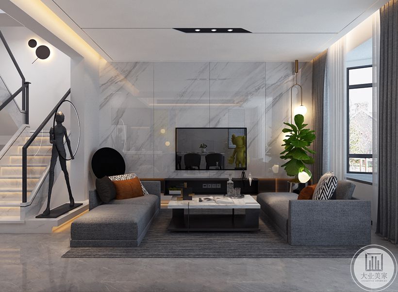 客廳在簡潔大方的空間基礎下，布置上簡約舒適的家具，營造出一種舒適從容的氛圍感。