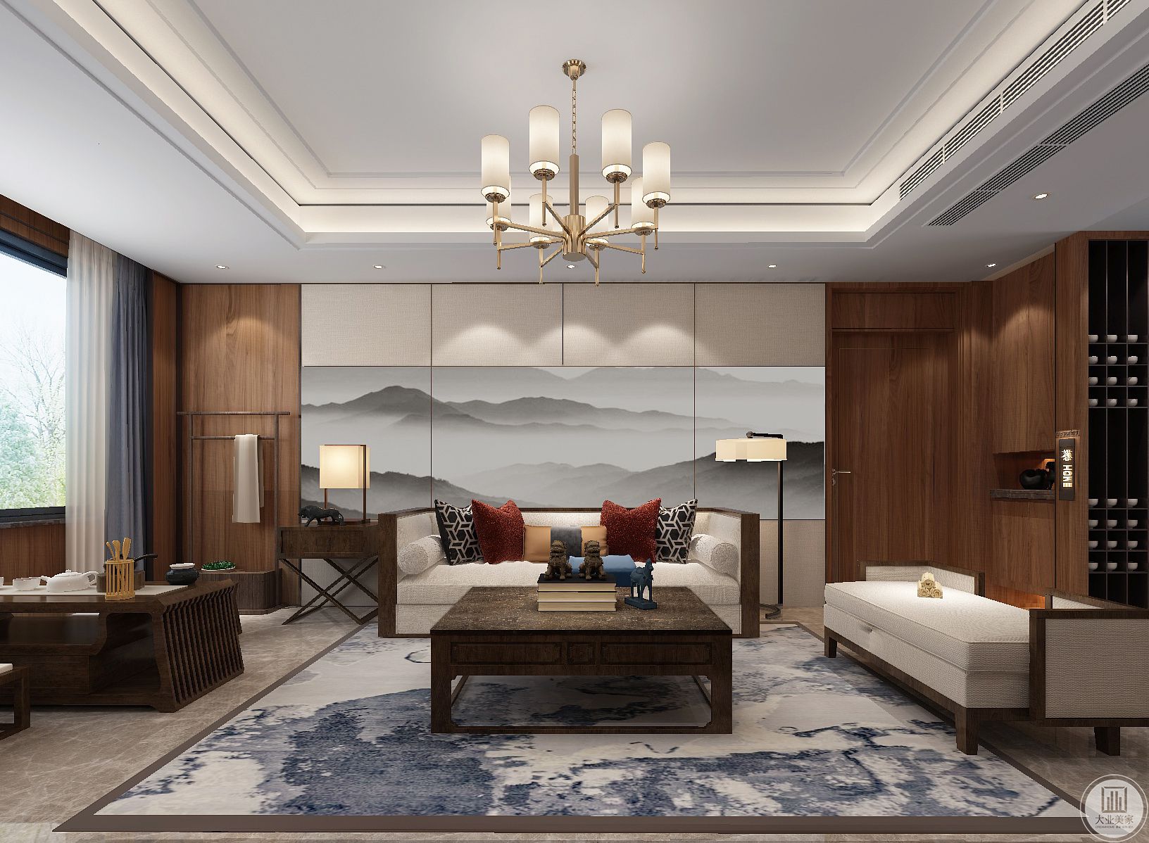 沙发背景墙是一幅充满诗意与端庄感的画面，两侧木饰面的基础加入金属质感的装饰线条，也让客厅氛围显得更加端庄雅韵