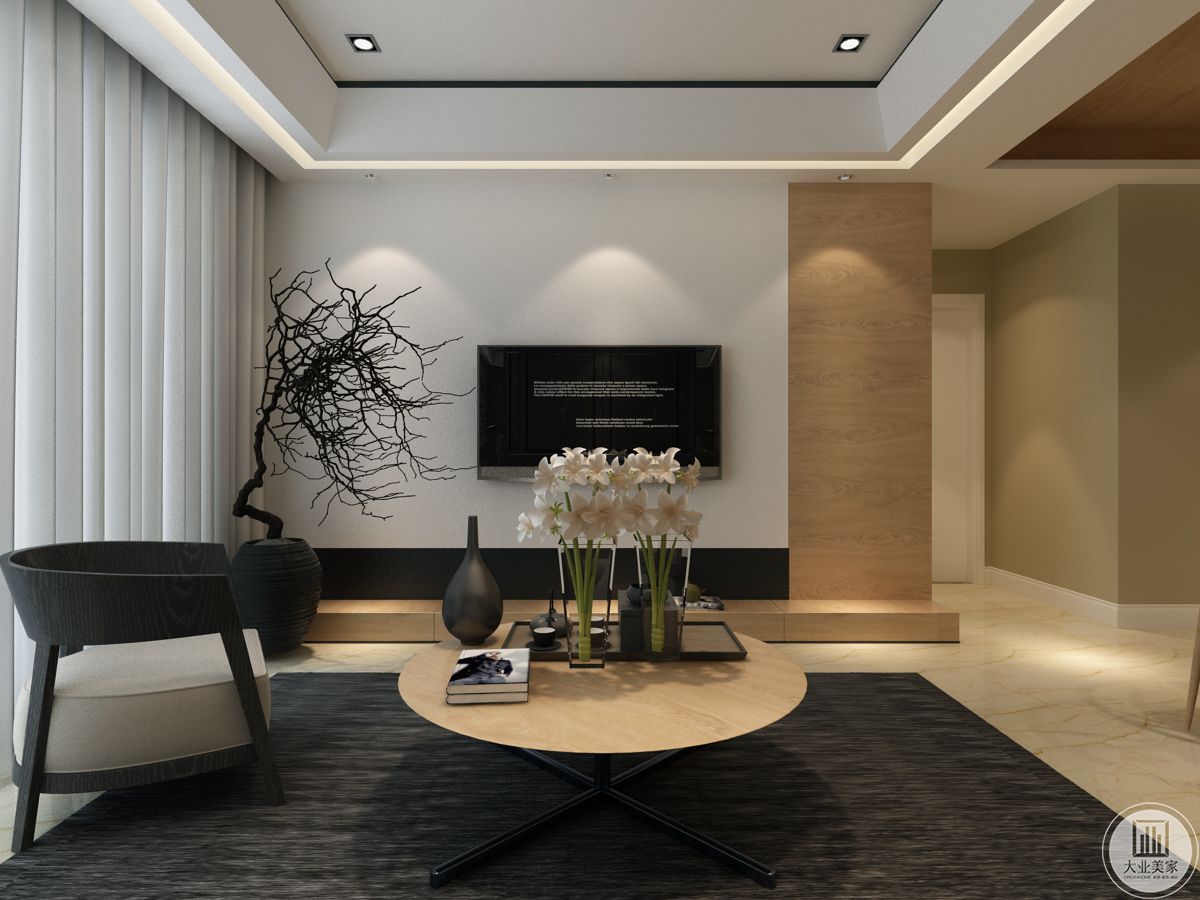 客厅空间结合顶层人士向往尊贵舒适的生活方式，融入现代的简约造型和禅意的干枝，让客厅显得更加简洁大方