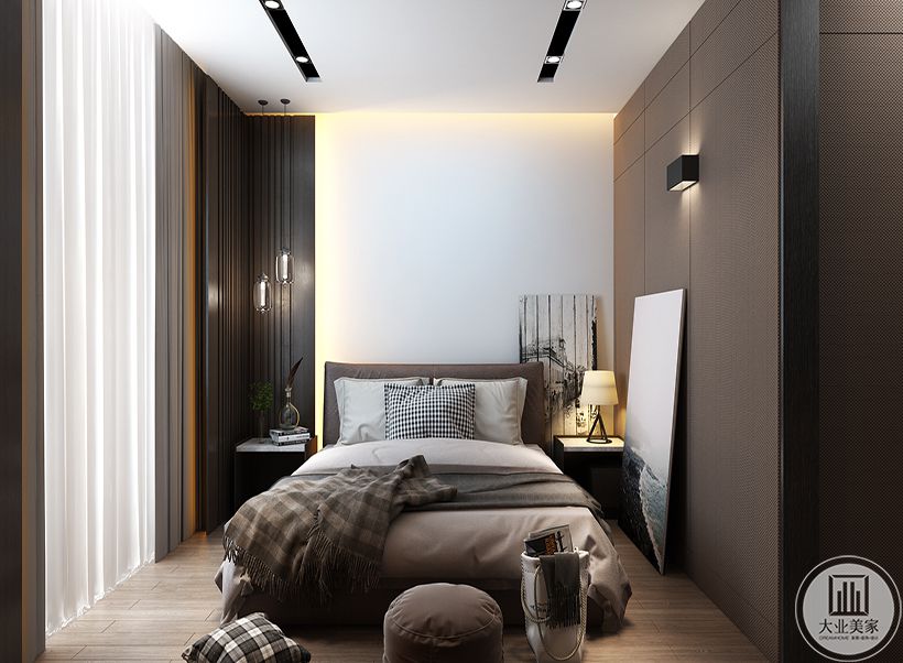 14、二层客房采用留白设计，墙面深浅对比，令简单生活更添舒适新高度