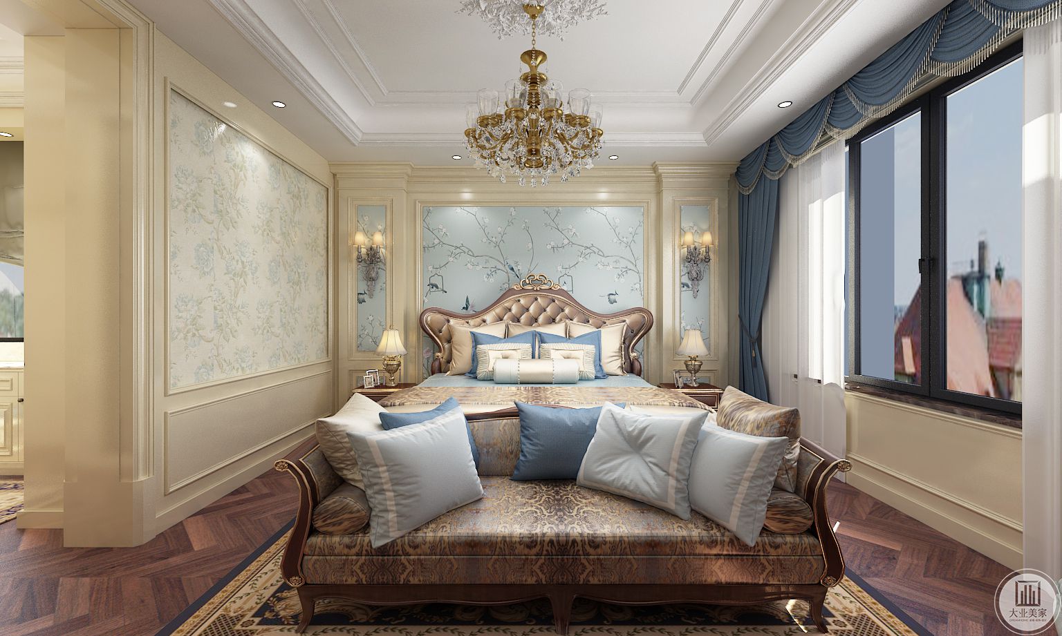 主卧色彩比较浓郁，精美雕刻的家具，复古的木地板，华丽的欧式窗帘，打造了高贵典雅的空间效果。