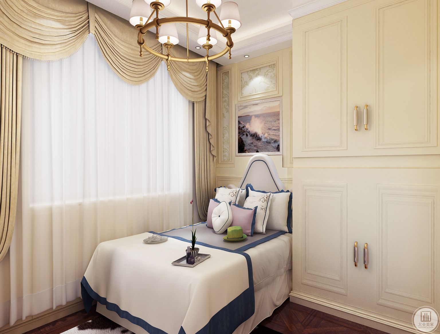 保姆房以简洁明亮为主，一张单人床搭配一组简单的白色的衣柜就可以满足日常需求。