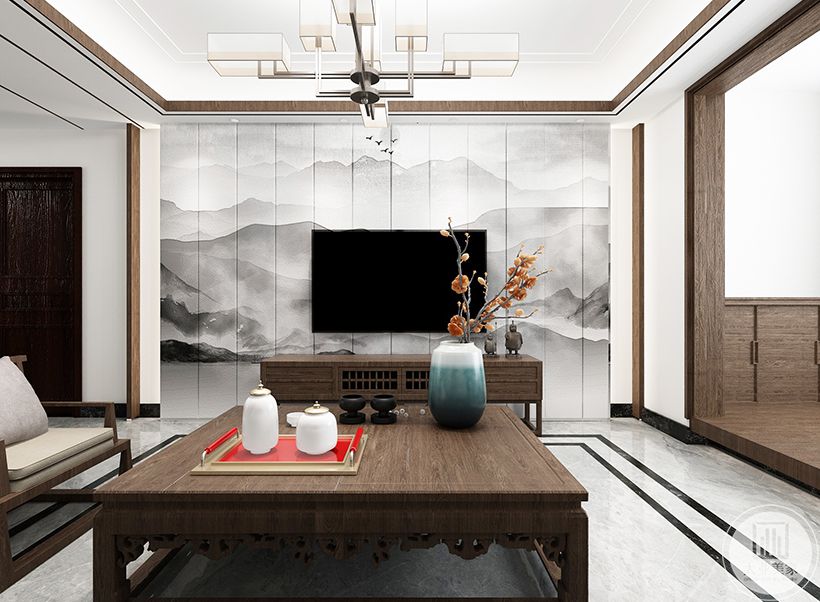 电视背景墙做了简单的山水硬包，与其他地方的木质造型搭配和谐