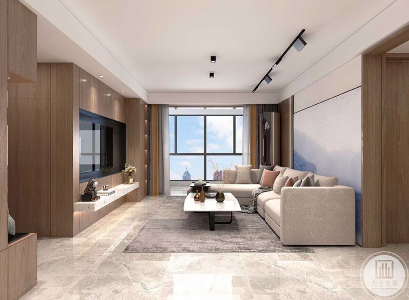  客厅空间简洁明快的线条让整个空间更显开阔明亮，日式的家具调性跟温暖木纹让整个空间显得更协调跟温暖舒适