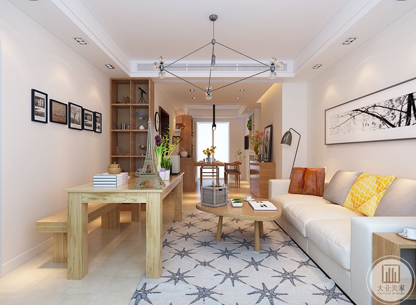 3柔白的墙面、温润的布沙发和手感厚实的木质家具；并运用线条意趣顶面线条灯、立面竖向纹理的延伸，赋予空间交错纵横的融合感。