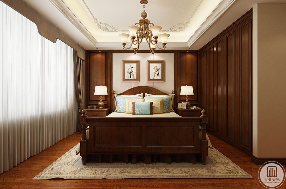 背景墙的神色墙板与客餐厅的基调保持一致，在卧室中也能感受到美式风格满满的仪式感。