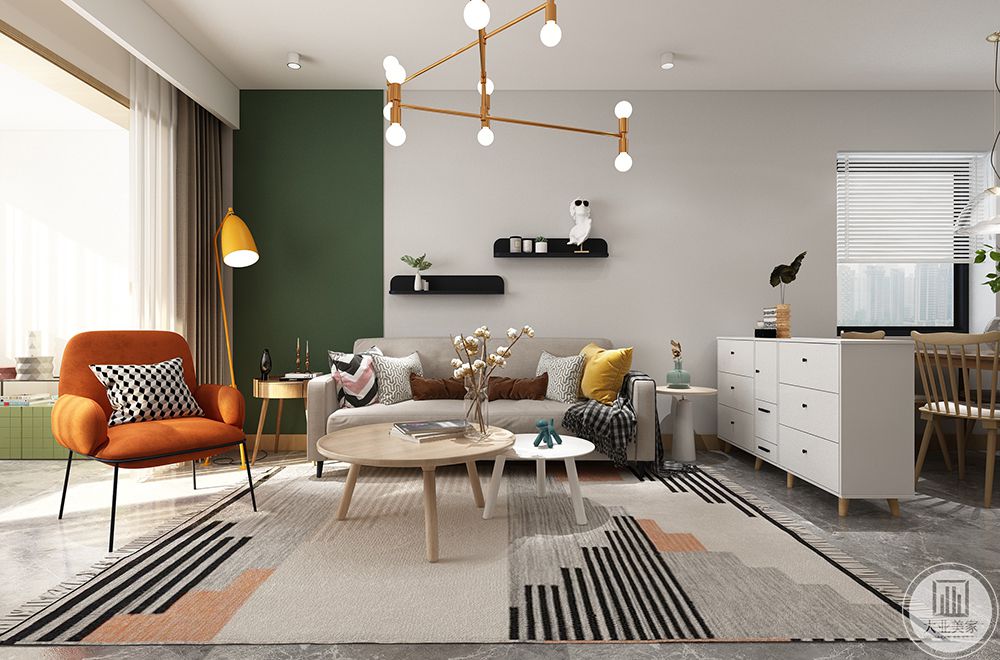 沙发背景墙简单的拼色设计让空间层次分明。