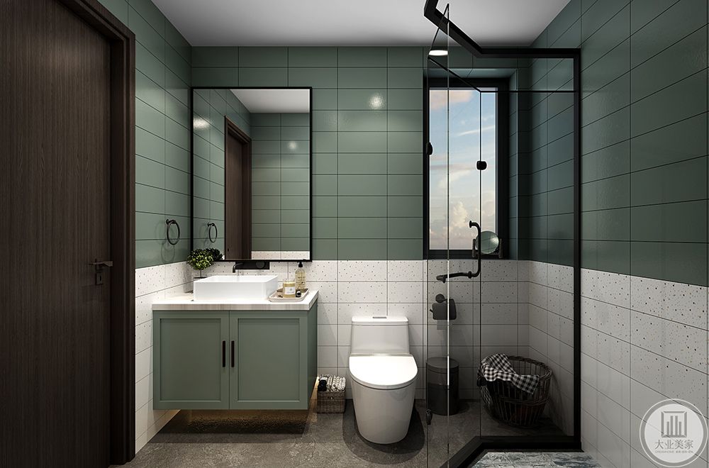 卫生间采用了拼色墙砖，墨绿色的墙砖和客厅沙发相呼应，同样凸显了屋主不同寻常的品味