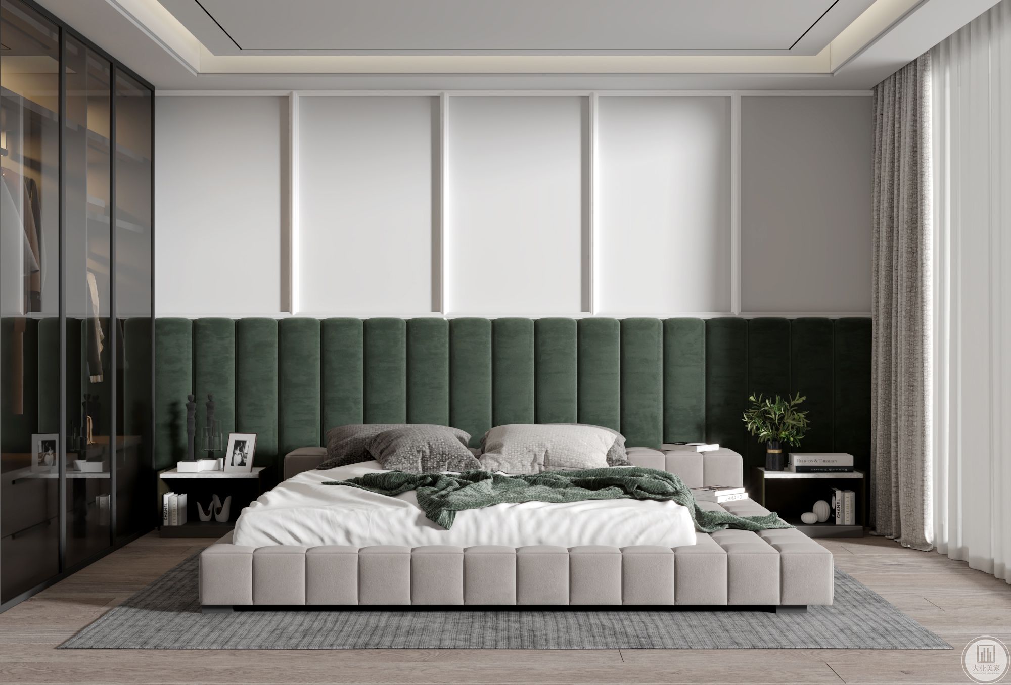 卧室床头背景结合了客厅沙发的颜色，墙面运用了石膏线，使墙面不那么单调的同时又几分优雅