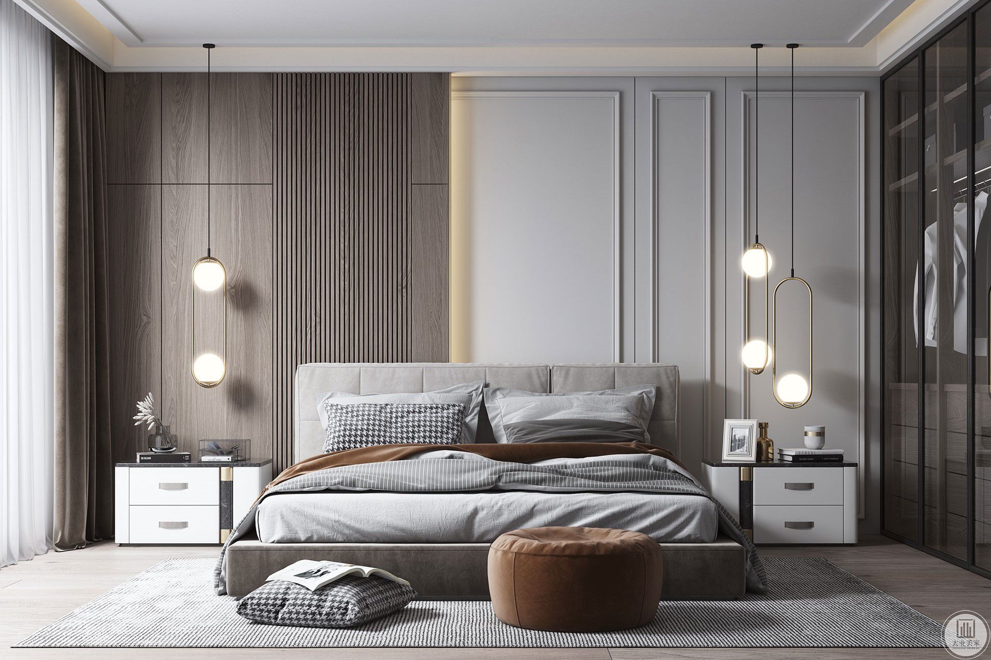 卧室床头背景采用了木质墙板于灰色乳胶漆的拼色，搭配温暖的灯光，增加墙面层次感的同时又给人一种温馨的氛围