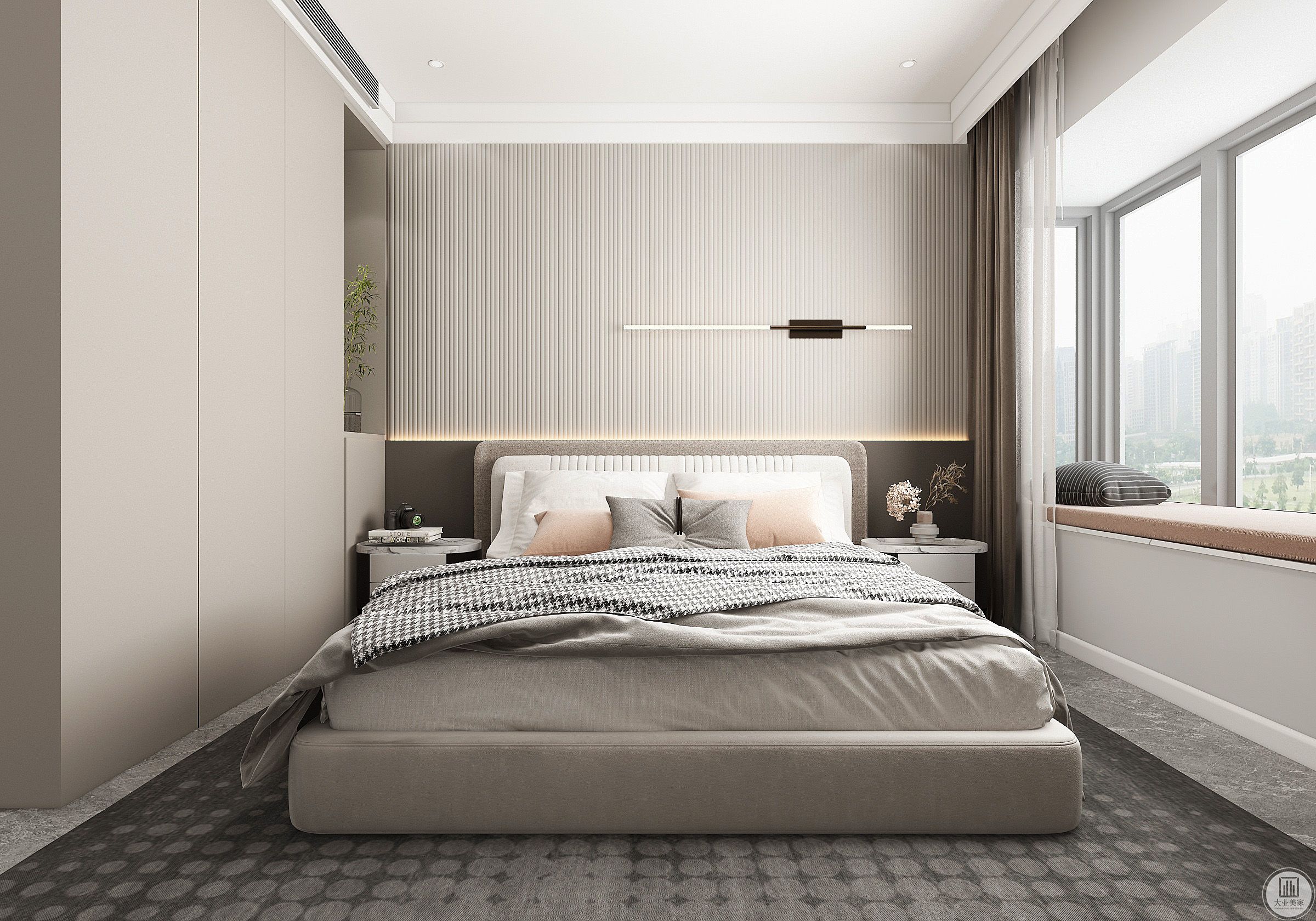 卧室作为一个休闲空间，最重要的就是舒适，整体呈现咖色，给人一种干净素雅的感觉
