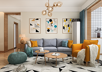 客厅是灰色的布艺沙发以及同色系的灰底白纹地毯，背景墙是是两幅艺术装饰画，整个空间由棕灰色的色调和明亮的黄色组成，使客厅显得温馨舒适
