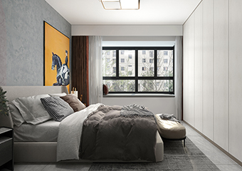 卧室优雅坚韧的特质被抽象地转化为几何线条，精致的金属与定制的背景墙融合，交融出经典与现代碰撞的火花