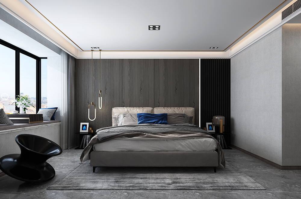 次臥的設計重點在于床頭與墻面的軟硬裝處理。選用藍色與主臥的少量藍色做呼應