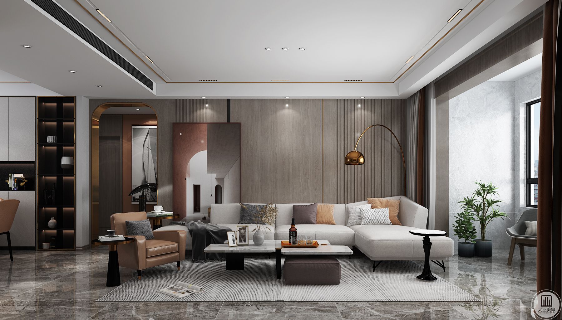 客厅搭配选型略带酷动感的沙发，整体时尚有型，且有呼应空间色调。