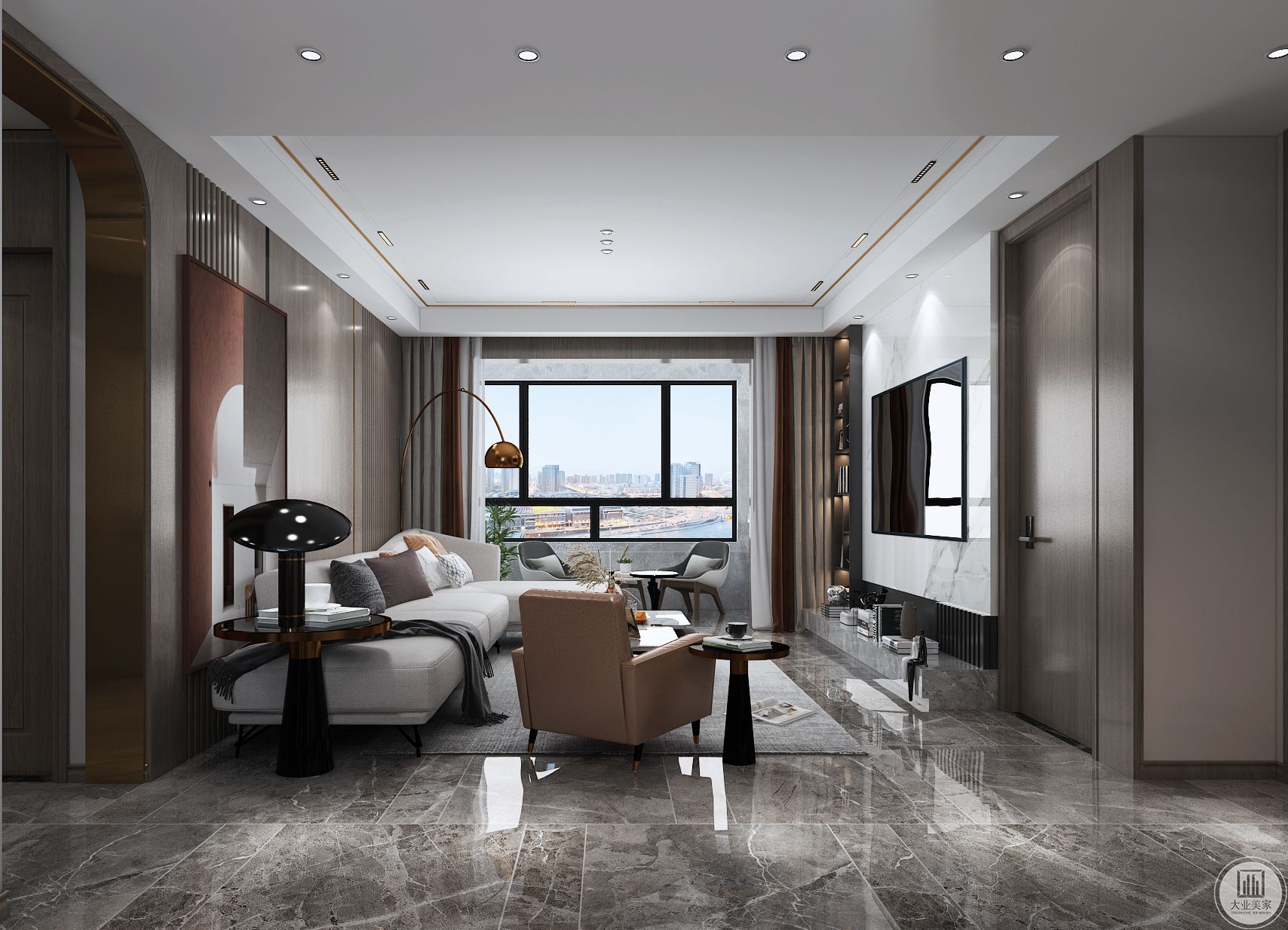 客厅以典雅的现代灰为主基调，将亮橙色作为不经意间的点缀，增添视觉上的动感