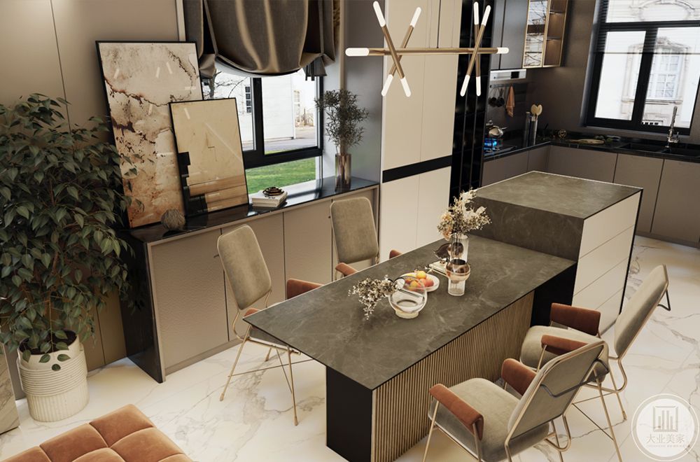 开放式厨房，色彩黑白灰，导台连接餐桌的设计，使空间之间有了更多的交互，提升生活品质