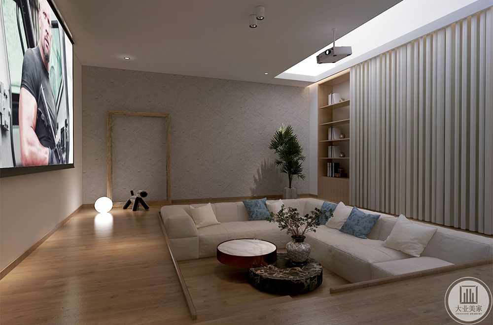 影视厅沙发区域下沉式，观影更加舒服，整体色调不变，延续木色与白色