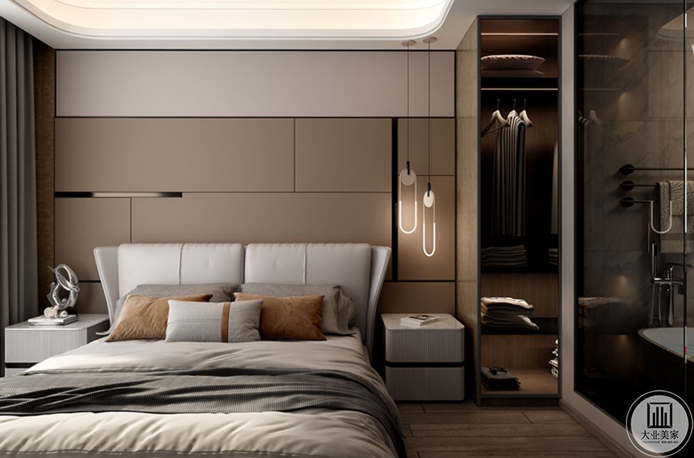 主卧，整体灰色调搭配非常舒适，卫生间玻璃窗极大的增加了空间采光。