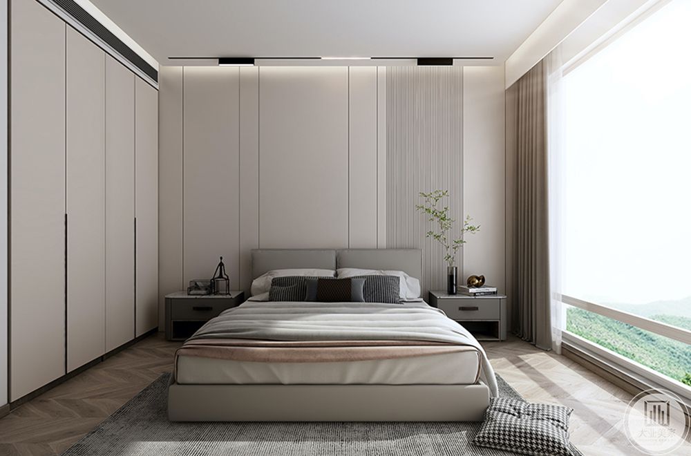 主卧 一个大的主卧室拥有同样令人印象深刻的景色，平淡无奇的灰色和白色，营造出放松和良好的夜间睡眠。