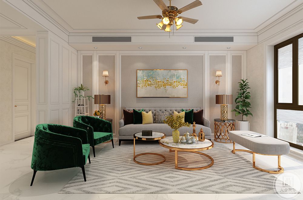 复古绿的布艺沙发和背后的大盆绿植搭配背景墙上的石膏线条，完美契合美式轻奢四个字。
