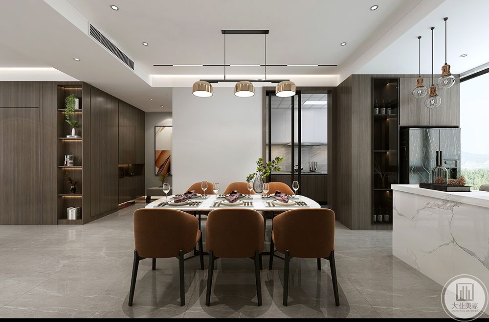 餐厅与客厅相连，在整体的设计上，采用方形餐桌的设计手法，六张深色餐椅，不仅满足一家人的用餐需求，还能凸显整个就餐空间的沉稳大气。