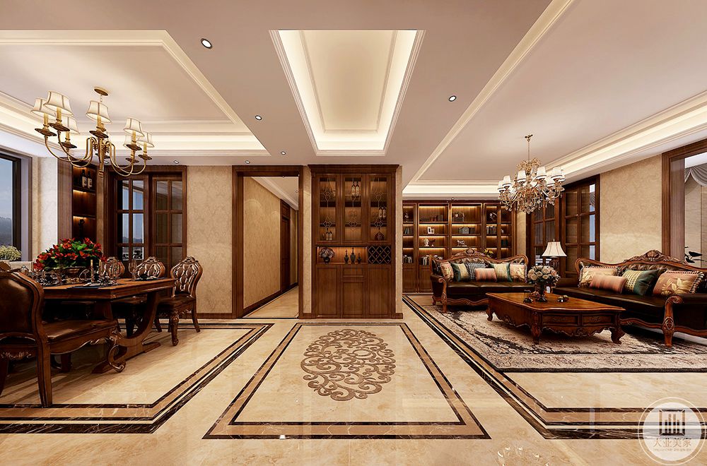 以大理石作为地面装饰材料，光泽感极佳，在沙发区铺上大幅花纹地毯，使空间区域划分更加清晰。