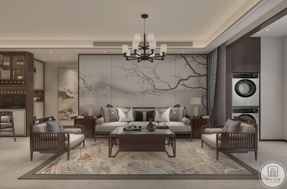 沙发背景采用中式壁画，增加中式元素